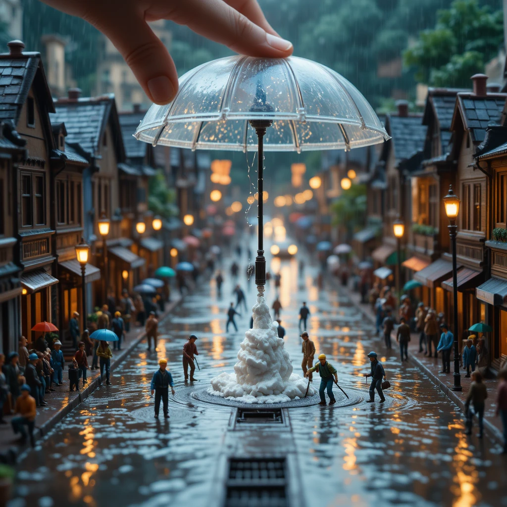 Strada Allagata in Città in Miniatura Pulita da una Mano Umana Gigante