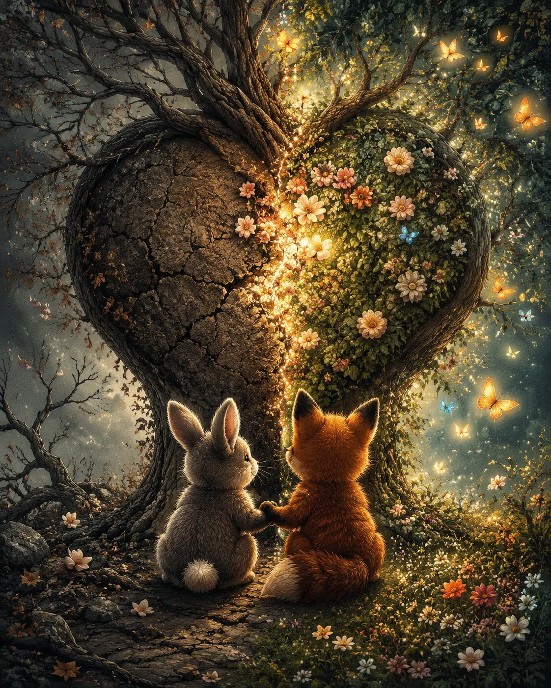 Two woodland creatures beneath a fractured heart tree
