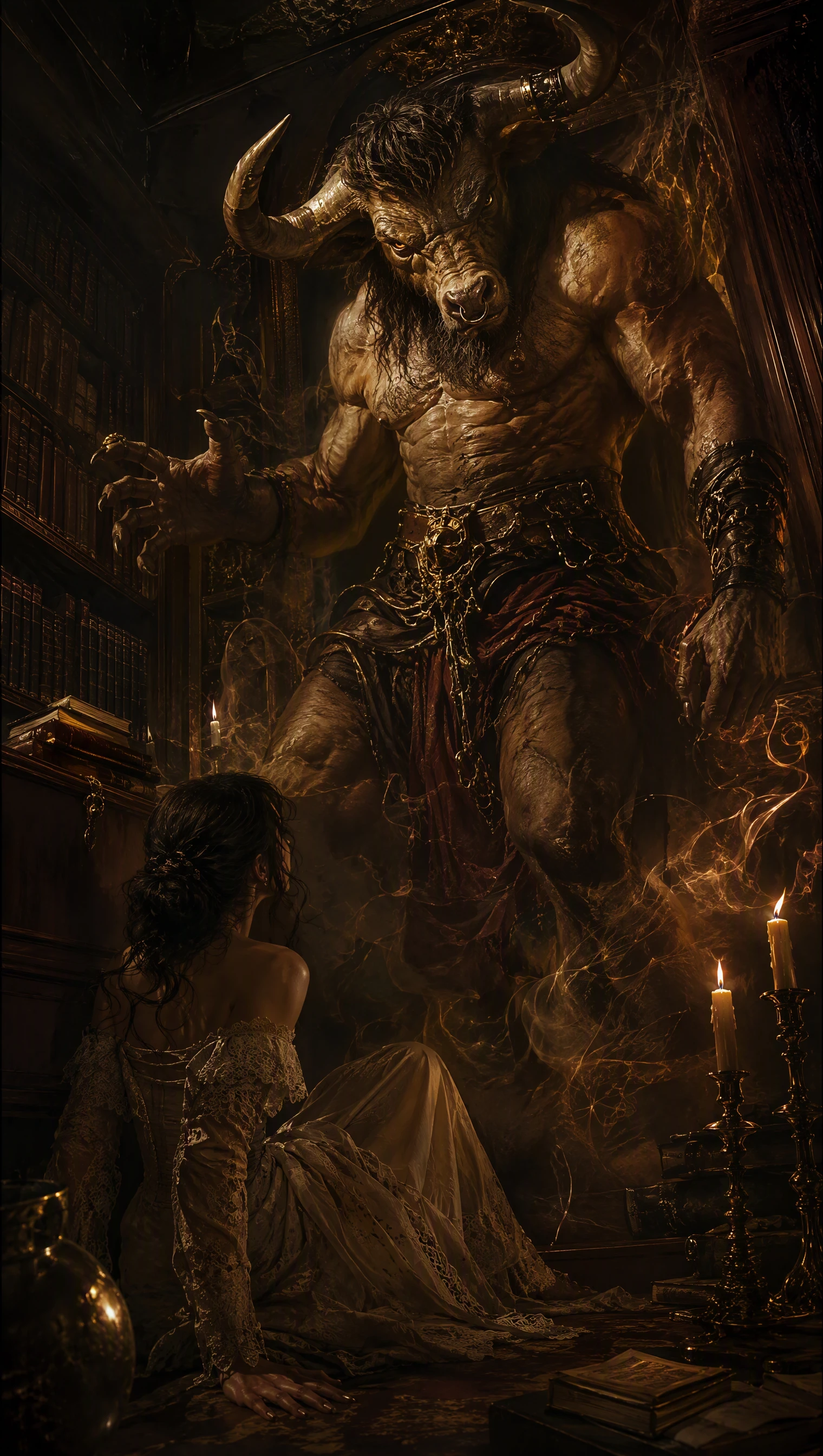 Minotauro de fantasia barroca em uma biblioteca gótica sombria