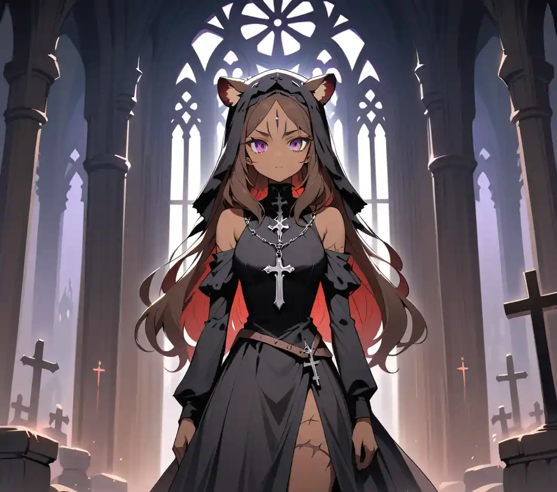 Scarred tiger maiden in veil inside gothic church