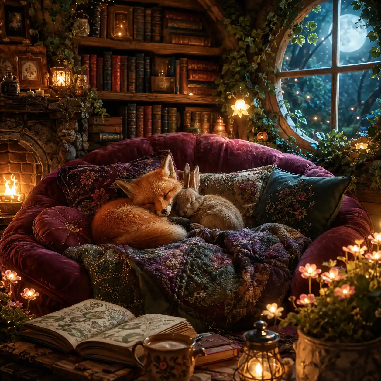 Animali del bosco assonnati che riposano su un comodo divano di un cottage
