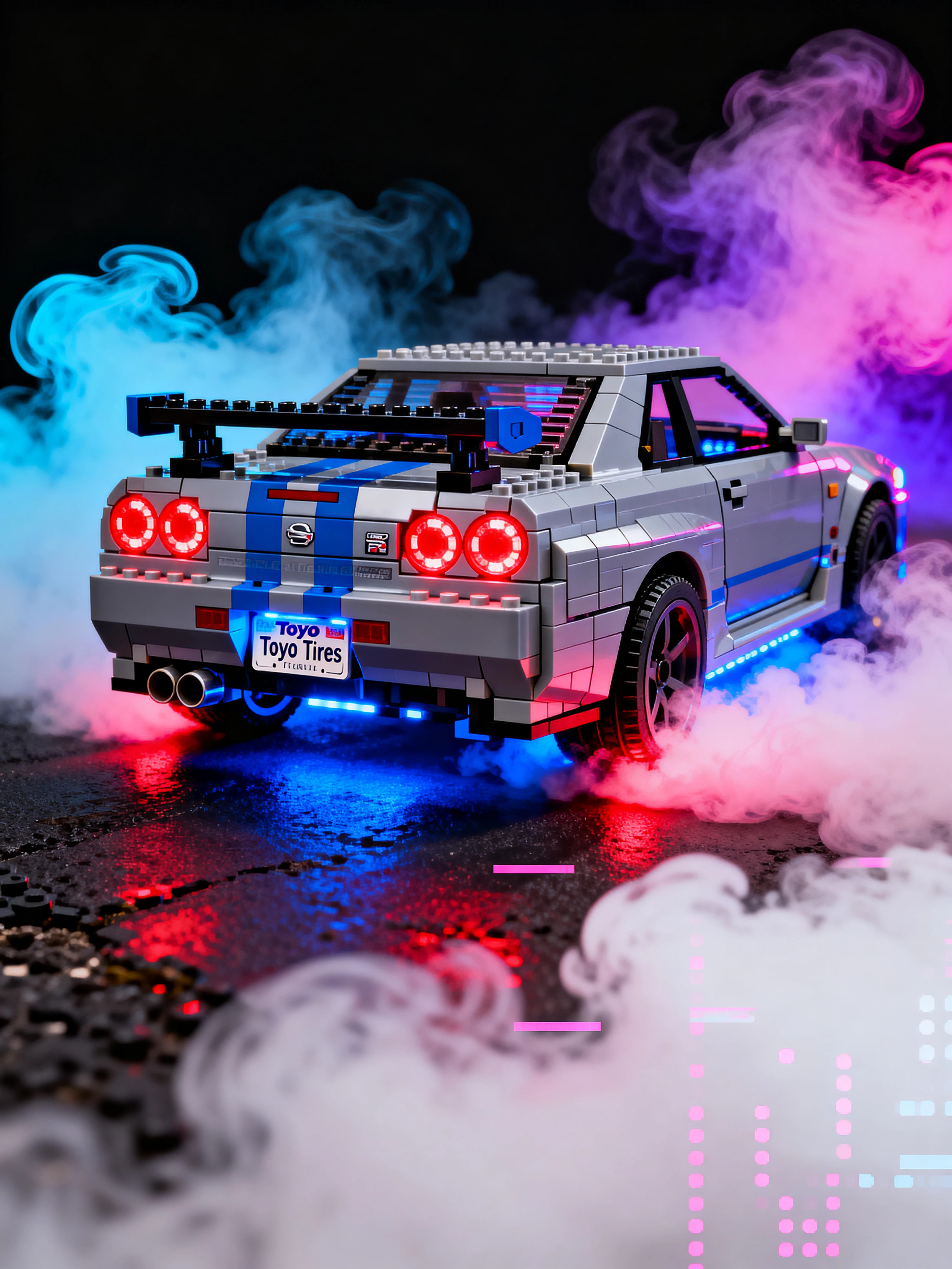 Lego sports car with neon smoke and glowing tail lights