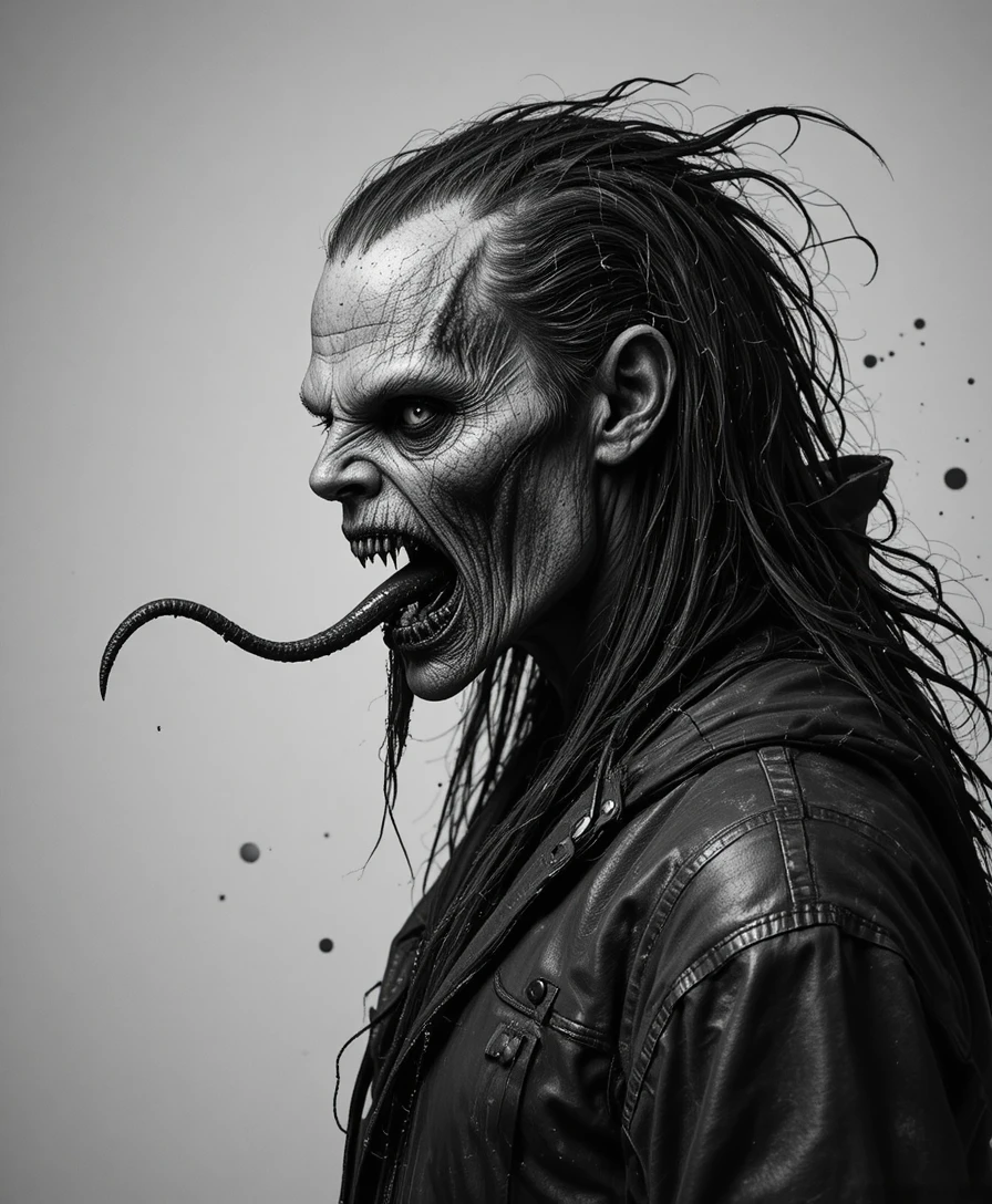 Black and white profile portrait of a screaming vampiric monster