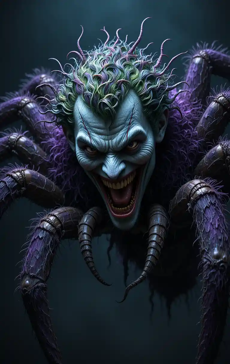 Monstro Aranha Peludo com Pelo Roxo e Verde Sorrindo Sinistramente