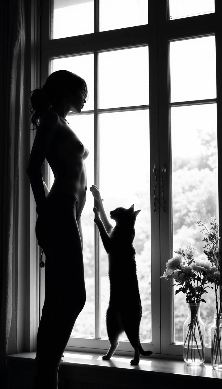 Silhueta de uma mulher à janela com um gato se esticando