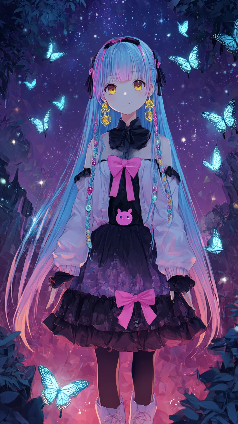 Chica de anime en un templo japonés bajo fuegos artificiales nocturnos