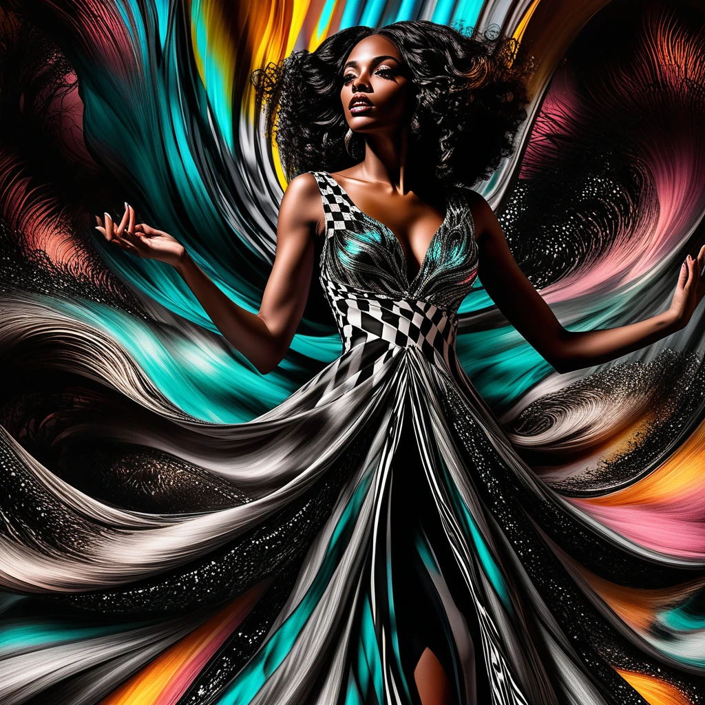 Ilustração surreal de uma mulher com vestido em fluxo líquido
