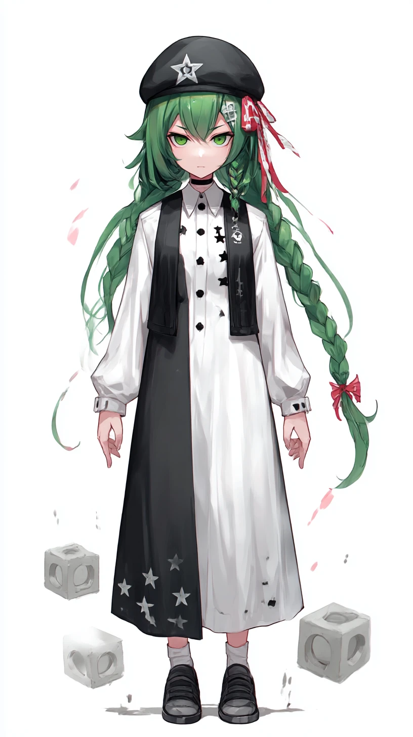 Garota de anime em uniforme com estrelas e olhar verde sinistro