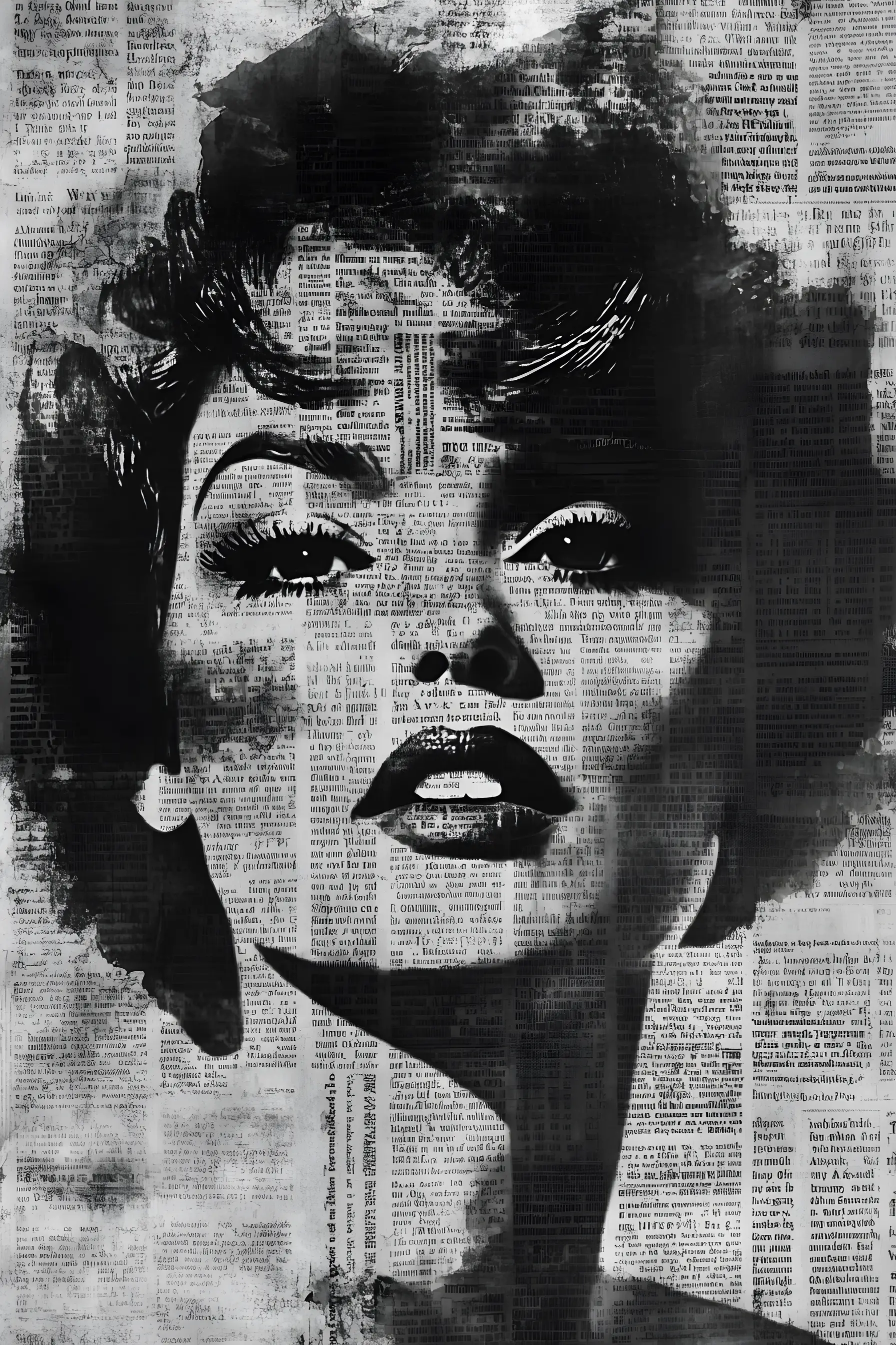 Retrato de garota em colagem de jornal em preto e branco mixed media