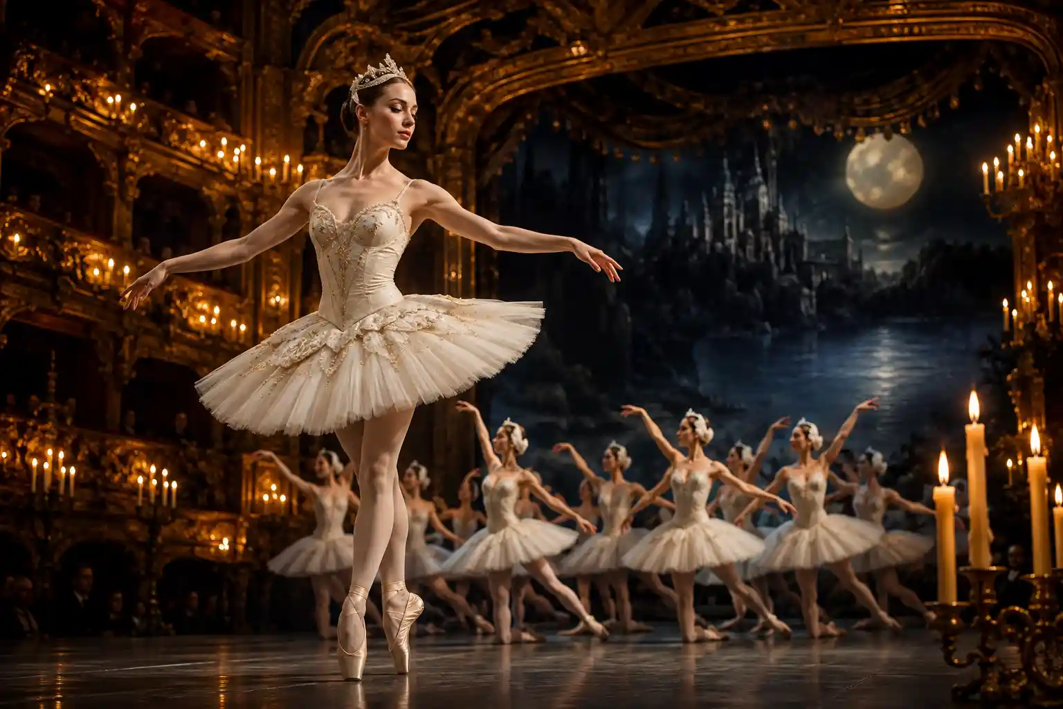 Regal ballerina on candlelit Russian opera stage