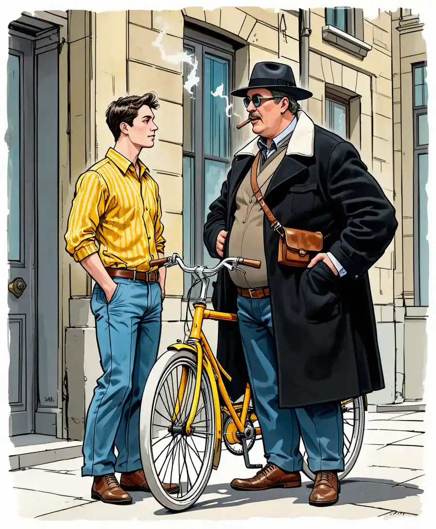Scena a fumetto retrò con due uomini che parlano accanto a una bicicletta gialla