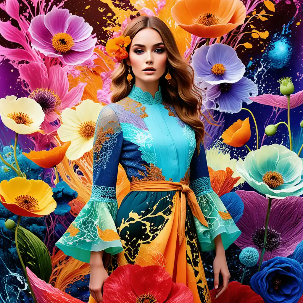 Bohemian woman beside turquoise floral abstract wall