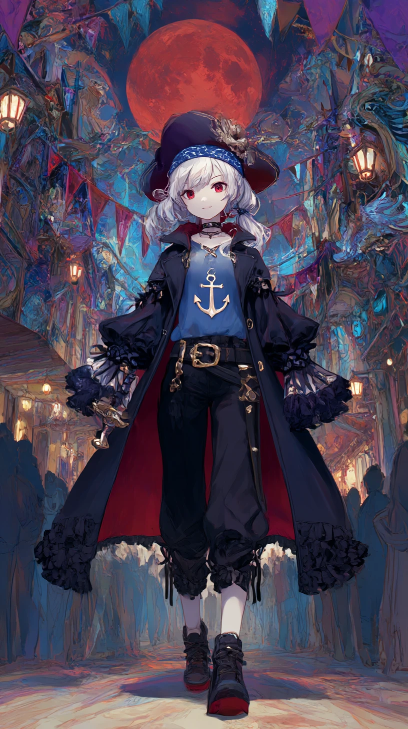 Guerreira anime com espada em rua de carnaval sombria