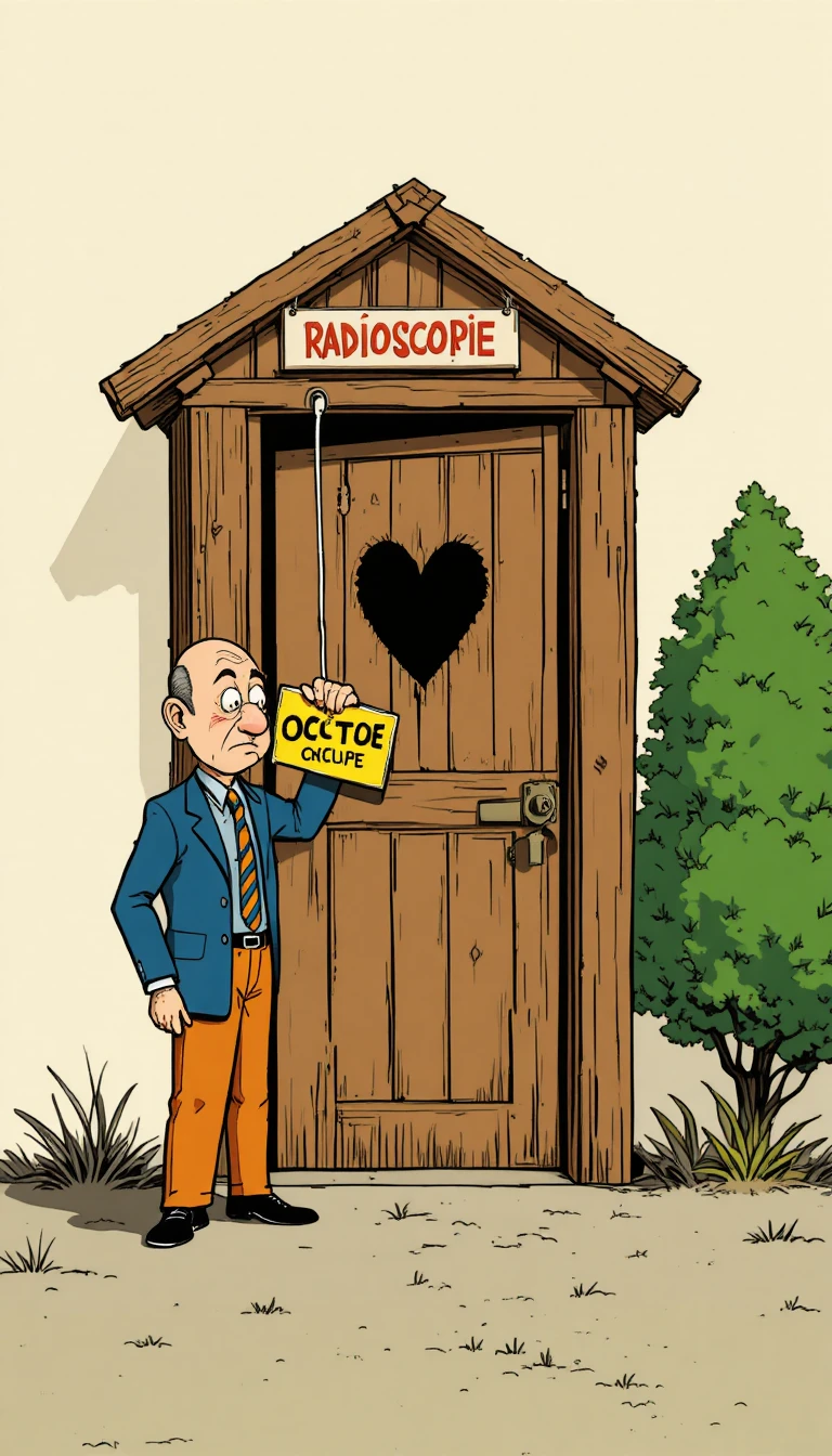 Homem ansioso batendo em uma porta de radioscopia em estilo de desenho animado