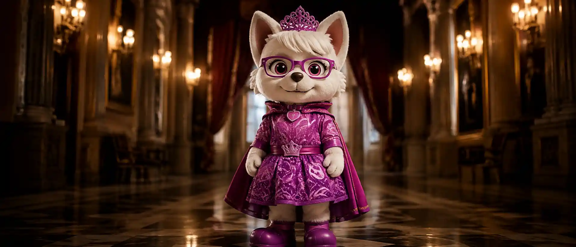 Dog mascot princess wearing crown in widescreen photo