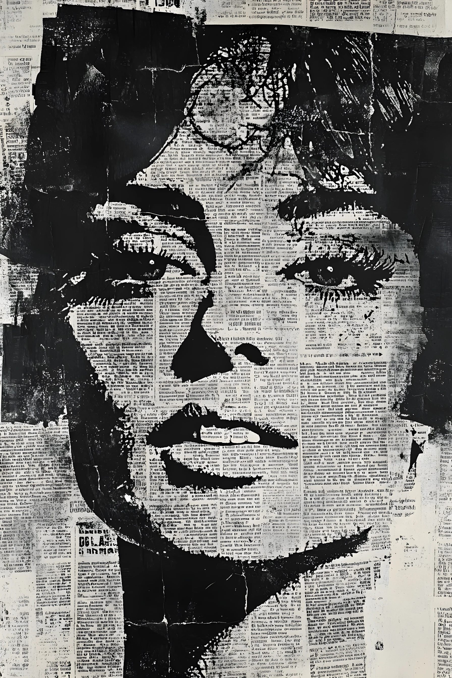 Retrato en collage de periódico en blanco y negro con técnica mixta