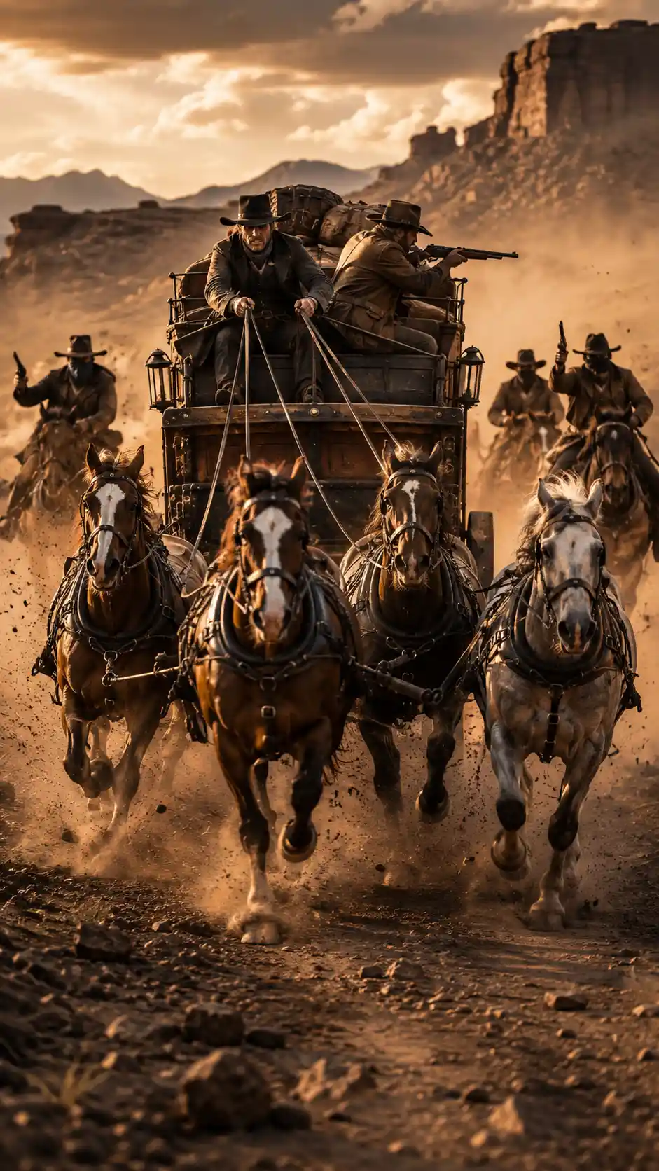 Stagecoach Chase Across Rugged Arizona Desert At Full Gallop