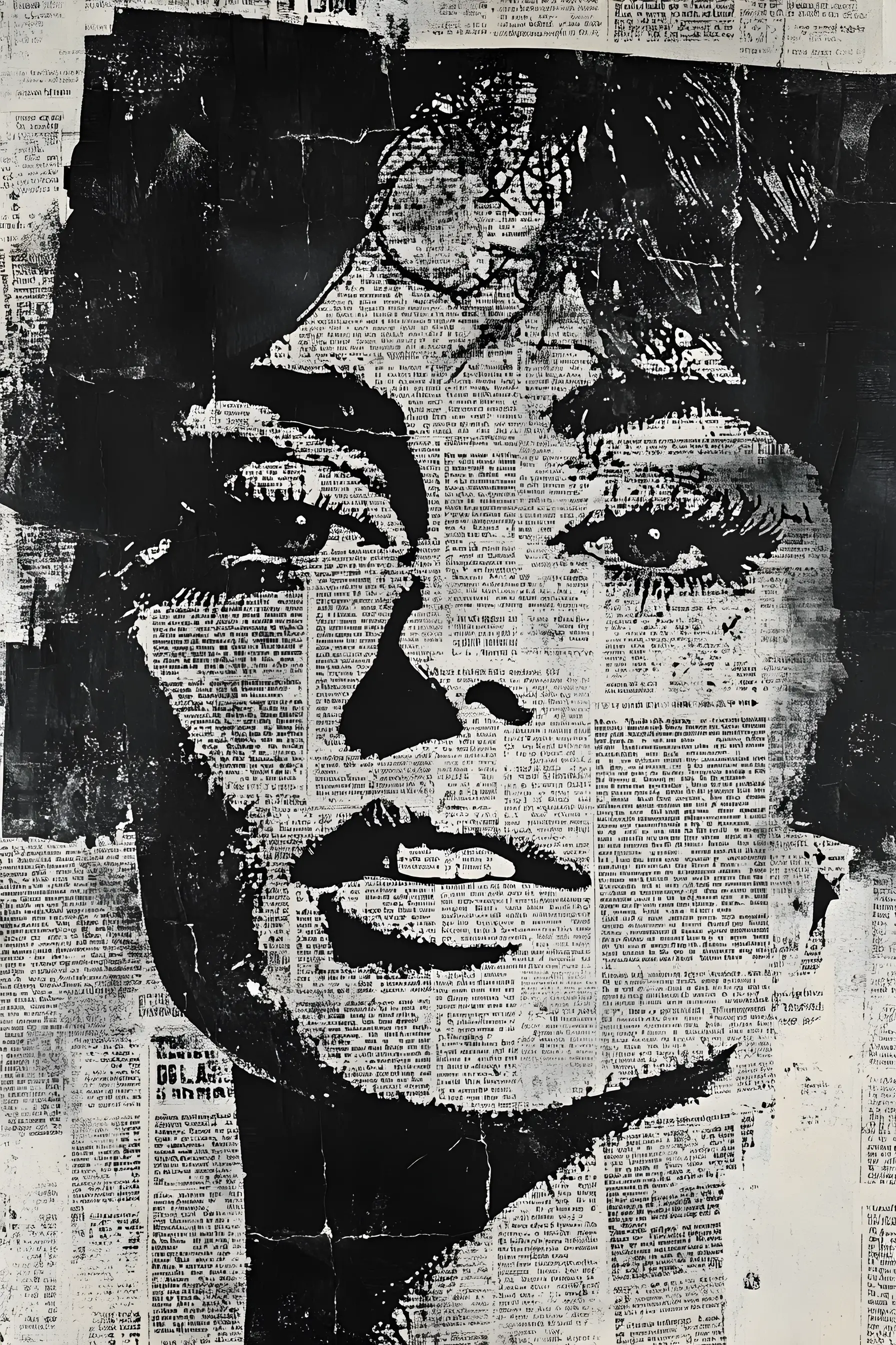 Retrato em colagem de jornal em preto e branco com mídia mista