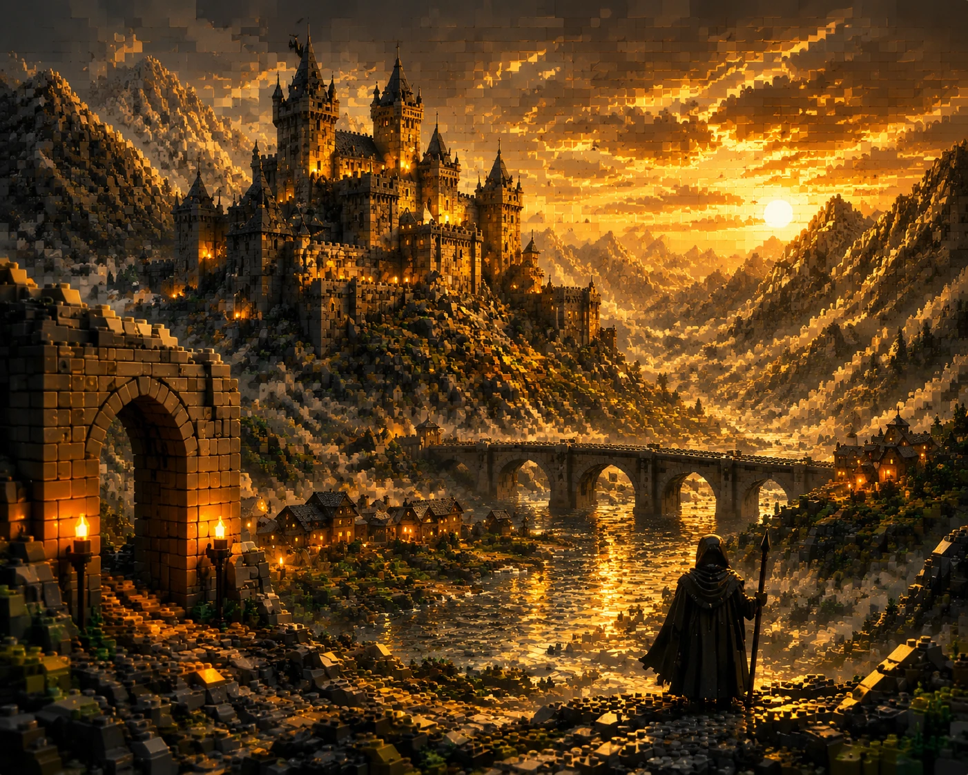 Scene transformed into Lego bricks with dramatic lighting