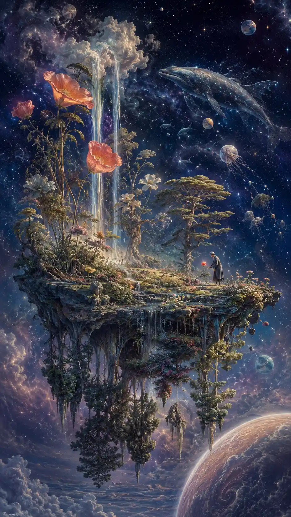 Floating island garden drifting through a star filled sky