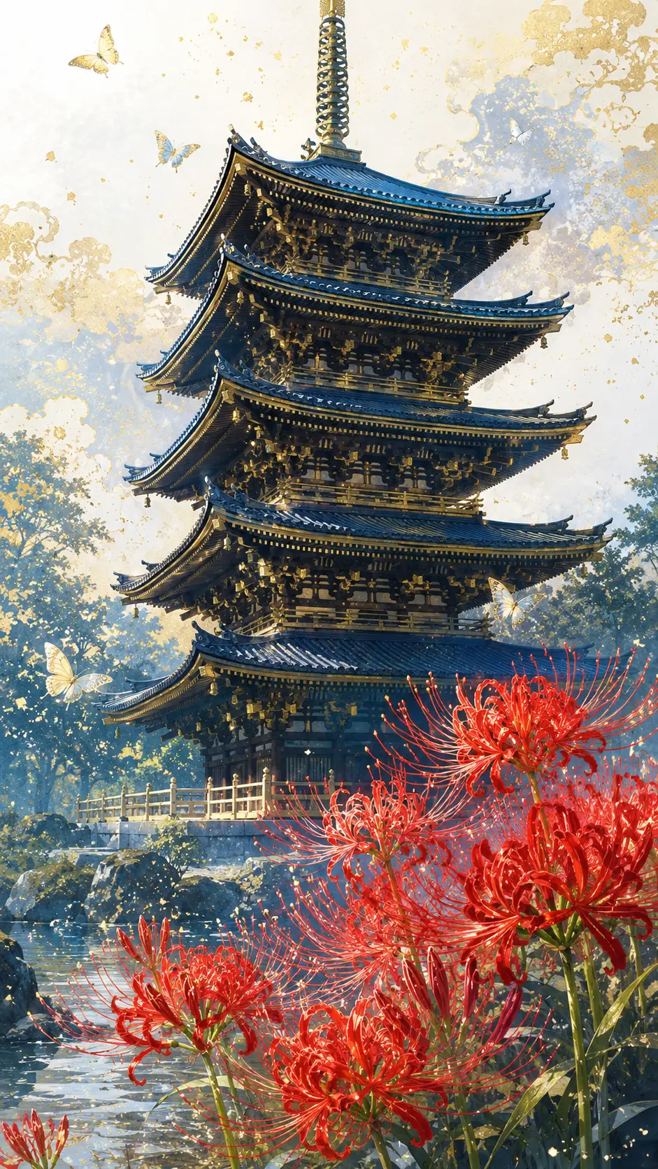 柔和夏日光線下的五重塔與紅色彼岸花