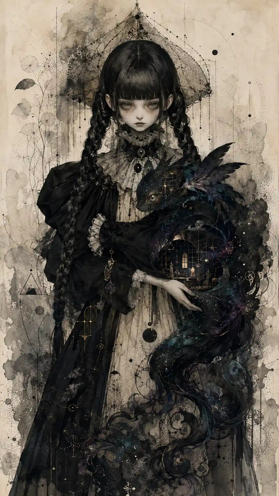 Ragazza gotica con trecce che tiene in braccio una creatura piumata surreale