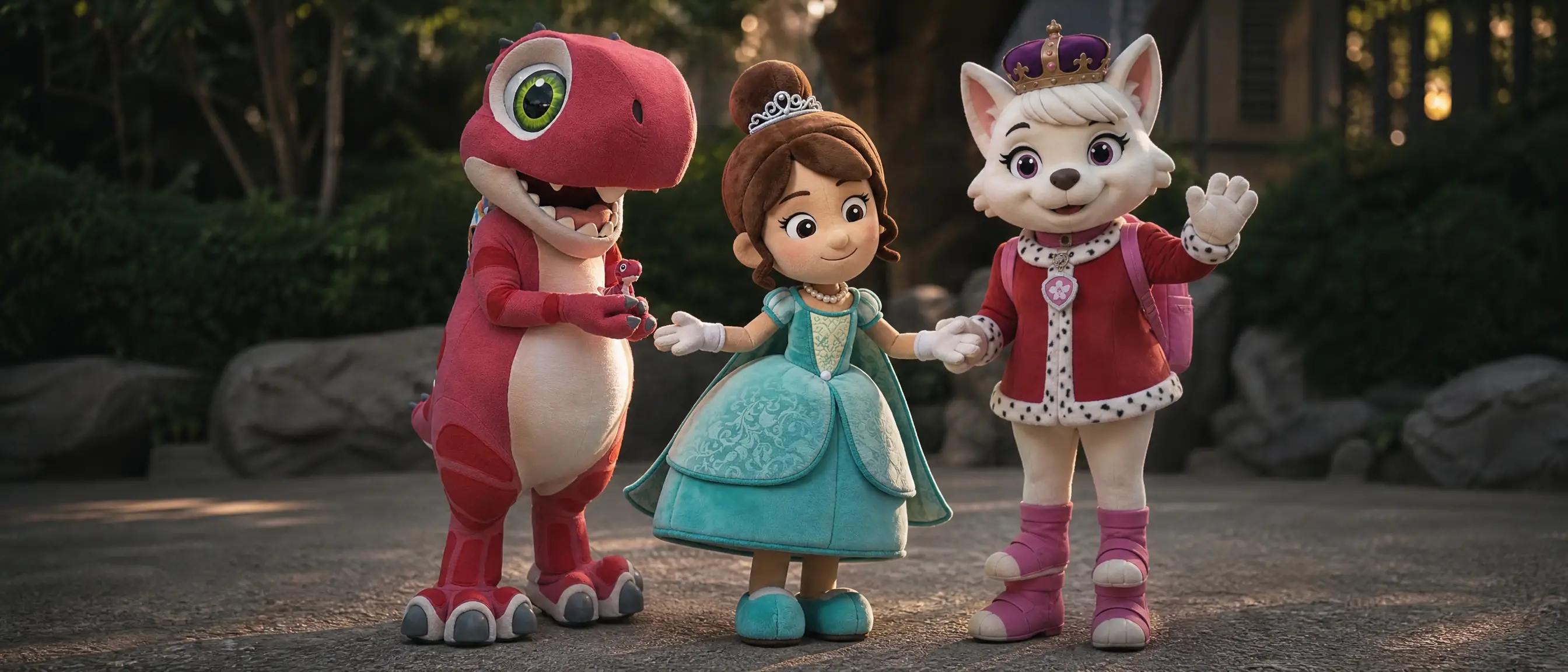 Three mascots standing together in a widescreen studio frame