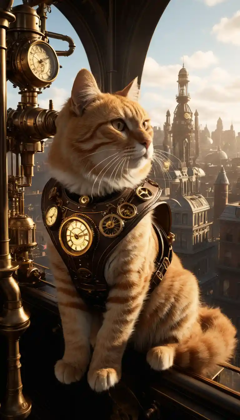 Goldene Steampunk-Katze mit Blick auf eine riesige mechanische Stadt
