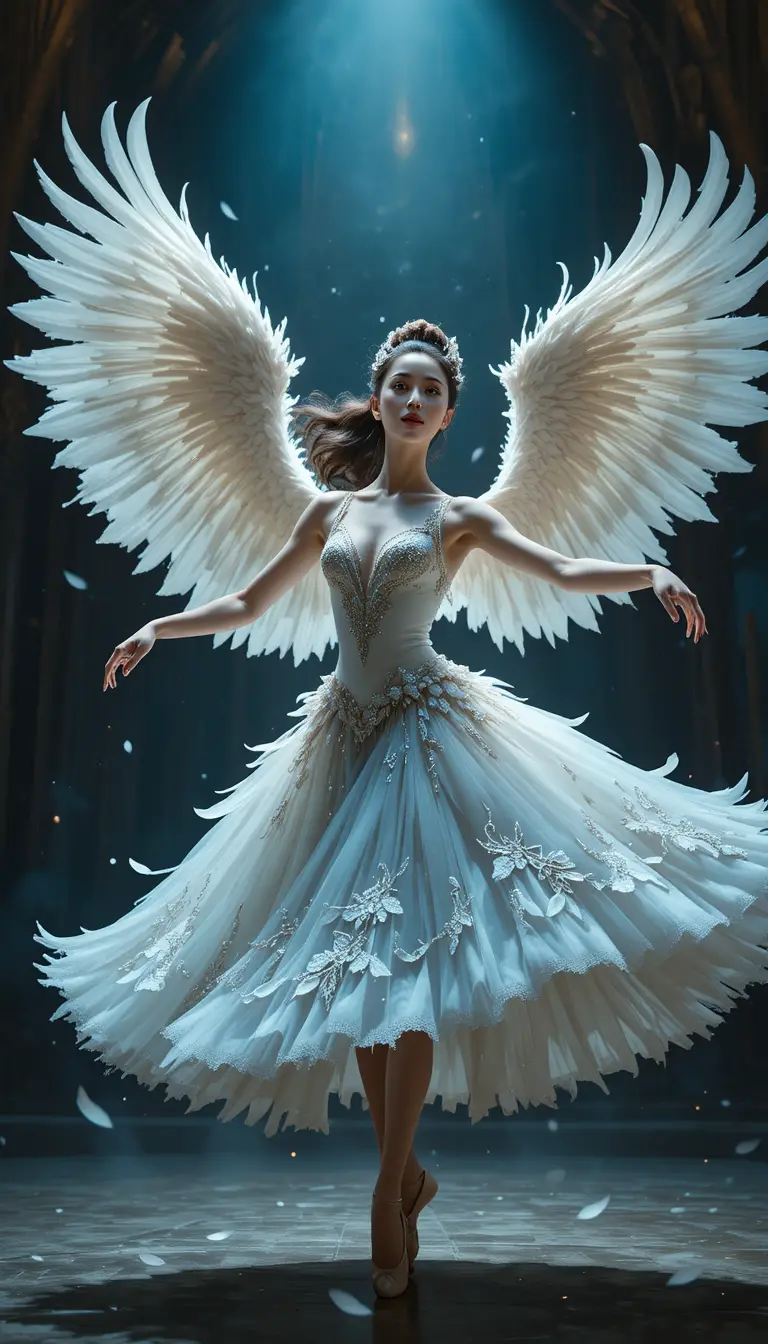 Ballerina verwandelt sich unter Theater-Spotlight in einen weißen Schwan