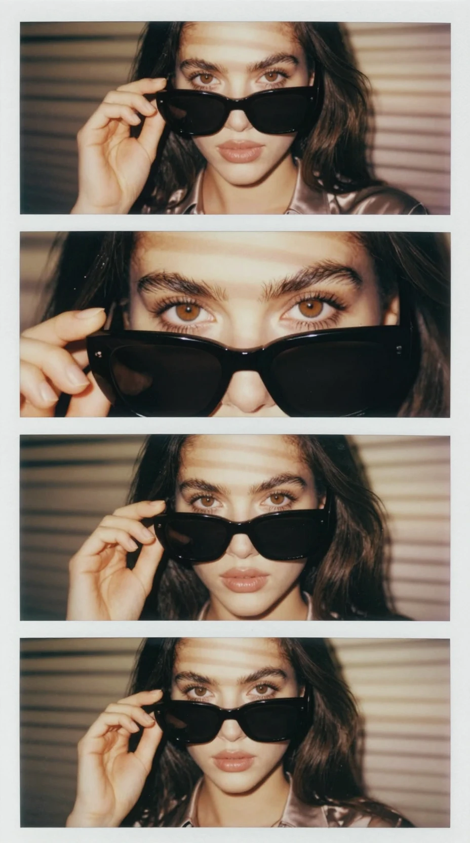 Femme brune abaissant ses lunettes de soleil en gros plan à l’heure dorée