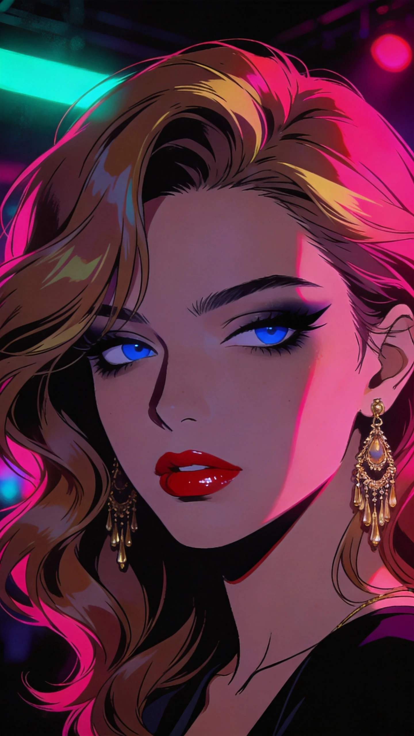 Retrato cel shading de una mujer bajo la luz neón de una discoteca