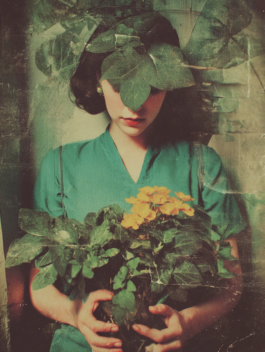 Mulher plantando árvores em um jardim verde de fantasia surreal