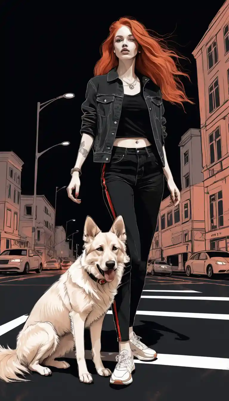 Red haired hippie girl with dog in sketch style