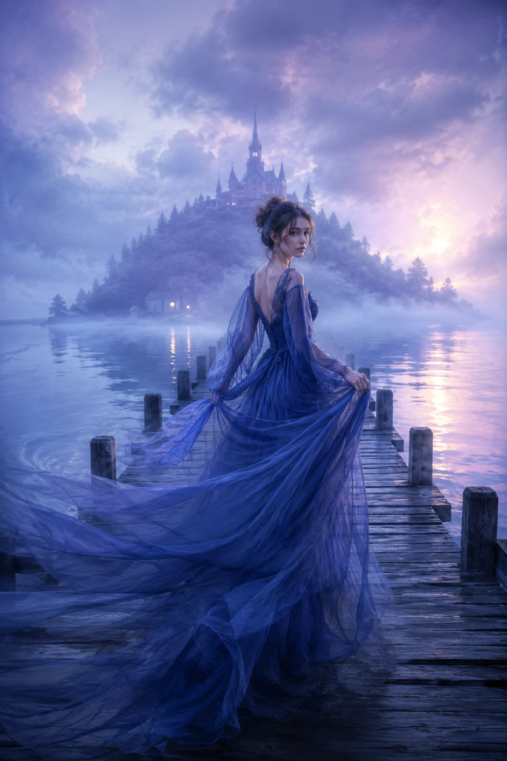 Donna eterea in abito blu che cammina su un molo avvolto nella nebbia