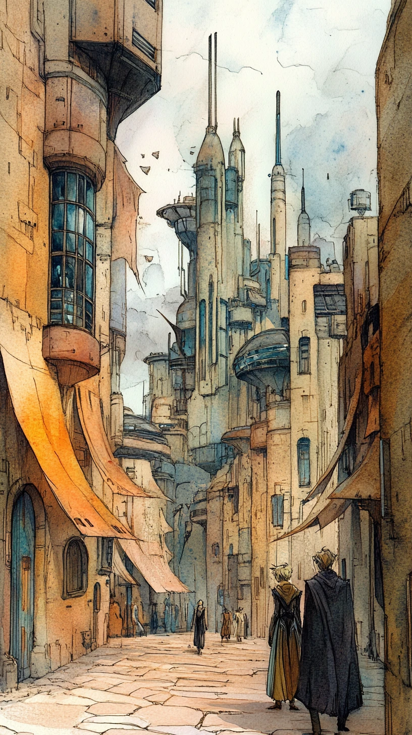 Futuristic Western town illustrated in watercolor and pencil