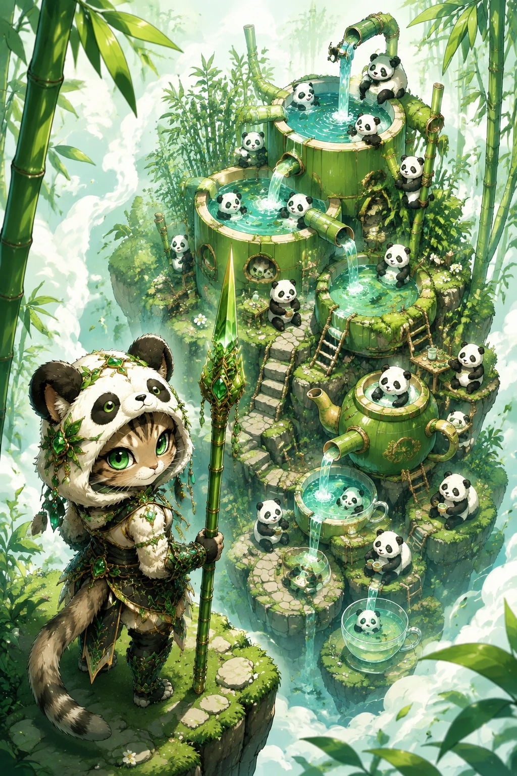 Ilha de bambu isométrica com pandas em piscinas de água em níveis