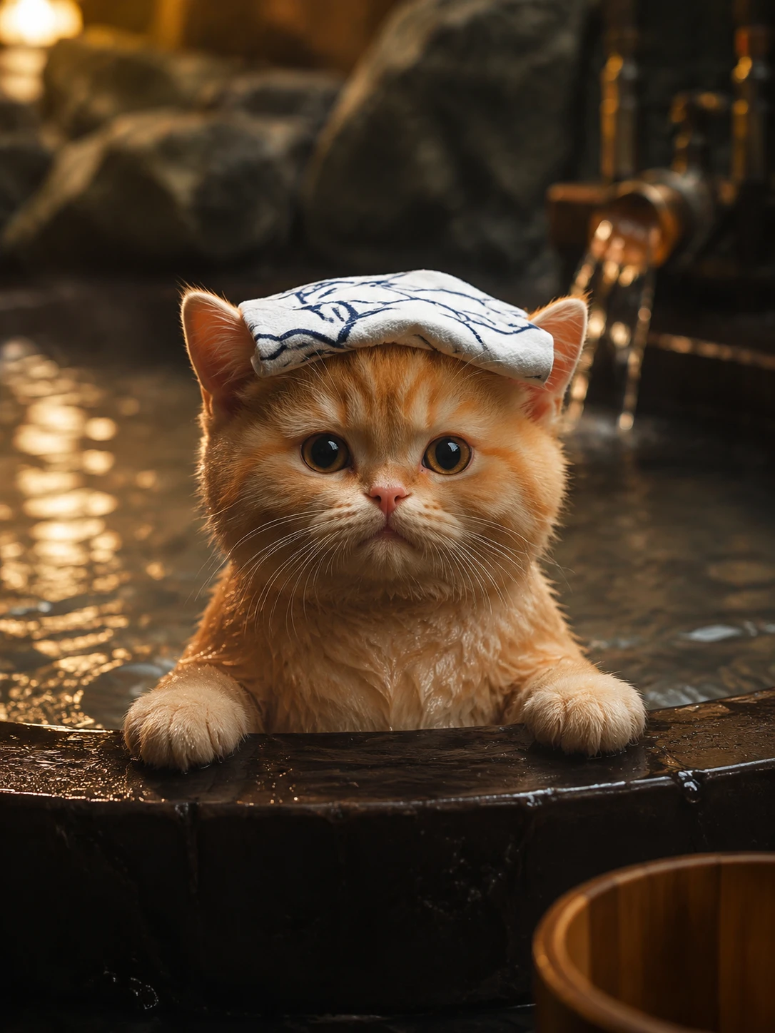 Gatinho bebê yakuza cinematográfico relaxando em uma banheira de hidromassagem