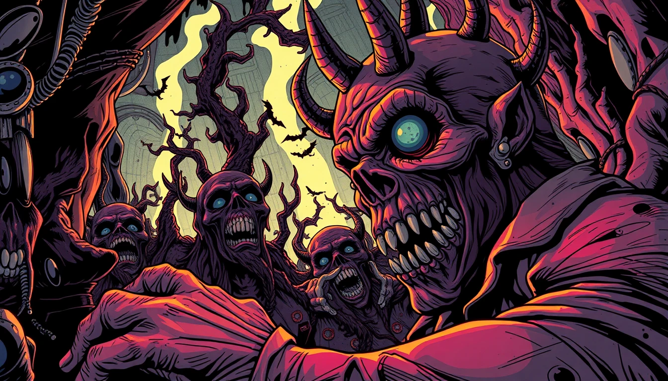Pop surreal monster bending in a humorous dark void