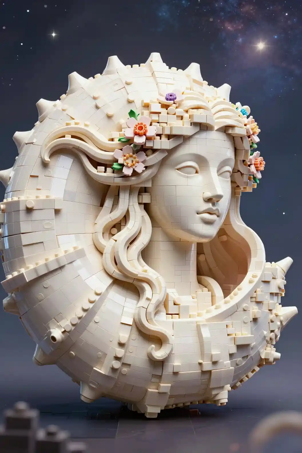 Porträt einer gelassenen Frau in eine spiralförmige Nautilus-Schale geschnitzt