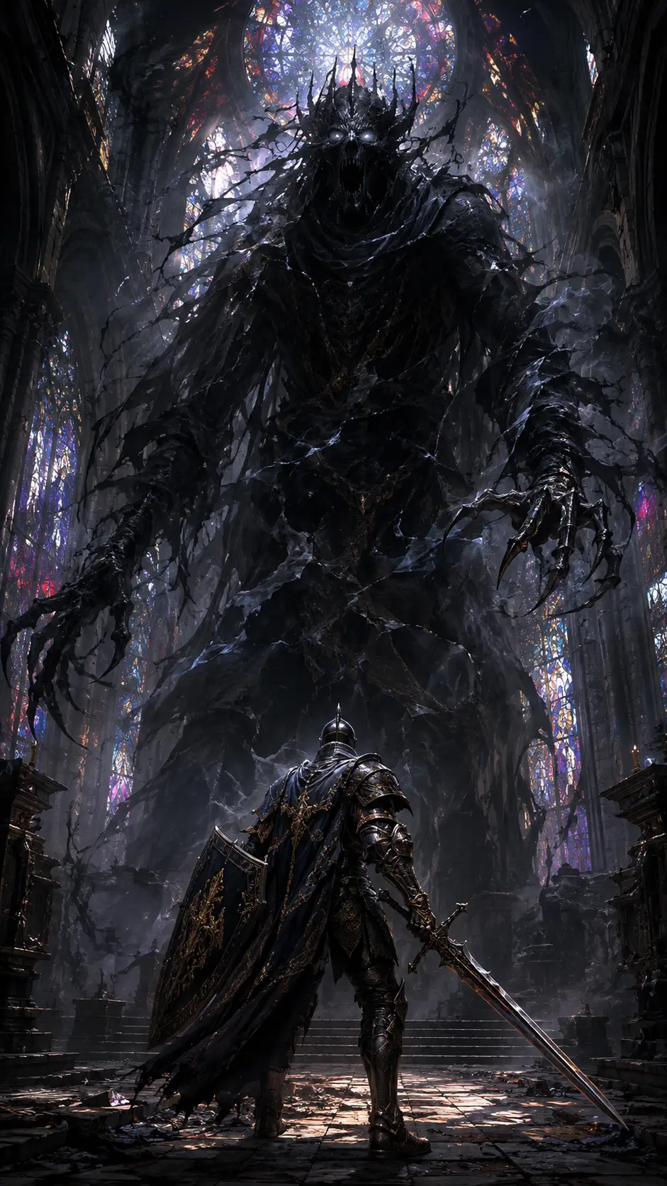 Armored knight facing a shadowy monster in gothic ruins