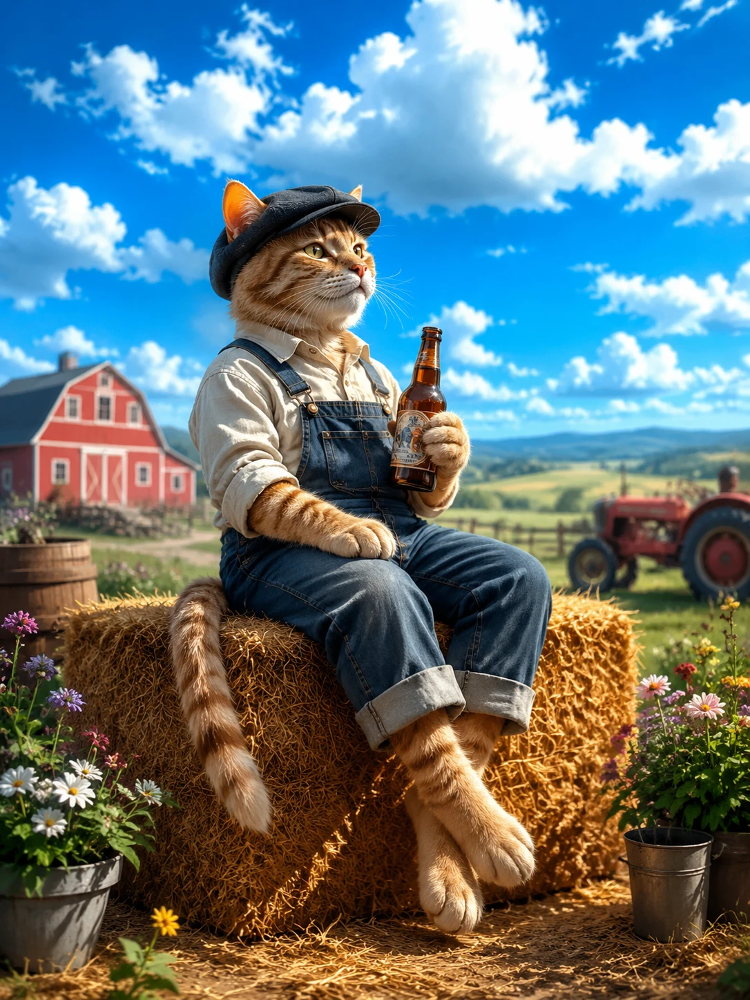 Gato fazendeiro antropomórfico relaxando em um fardo de feno na fazenda