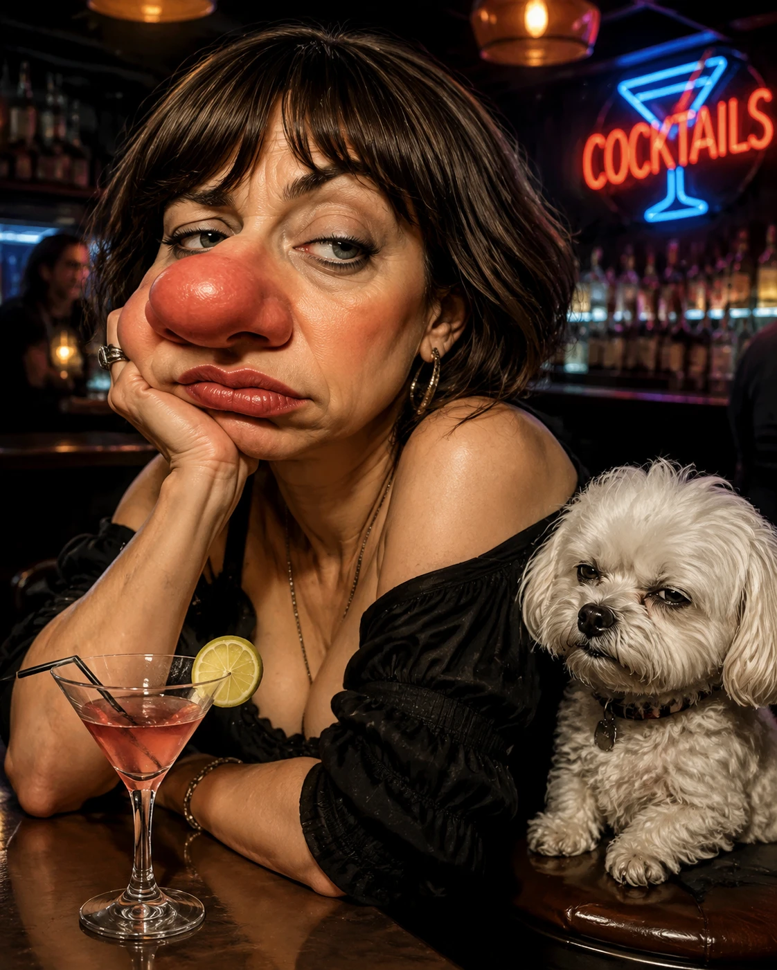 Retrato cômico em desenho de mulher cansada no bar com cachorro