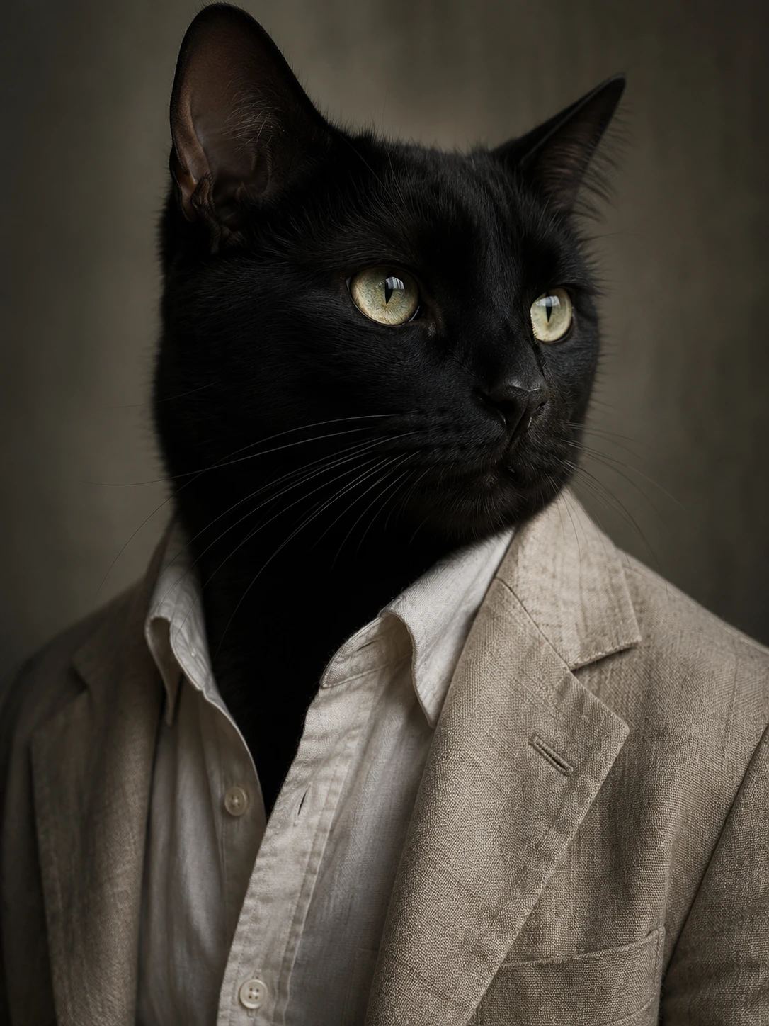 Close cinematográfico de um gato preto com jaqueta de linho