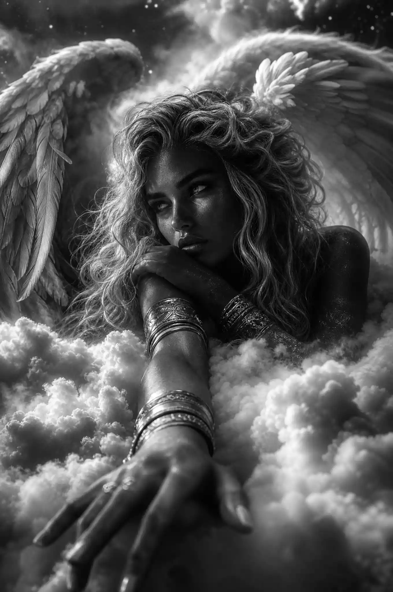 Ange céleste reposant sur les nuages dans un portrait monochrome dramatique