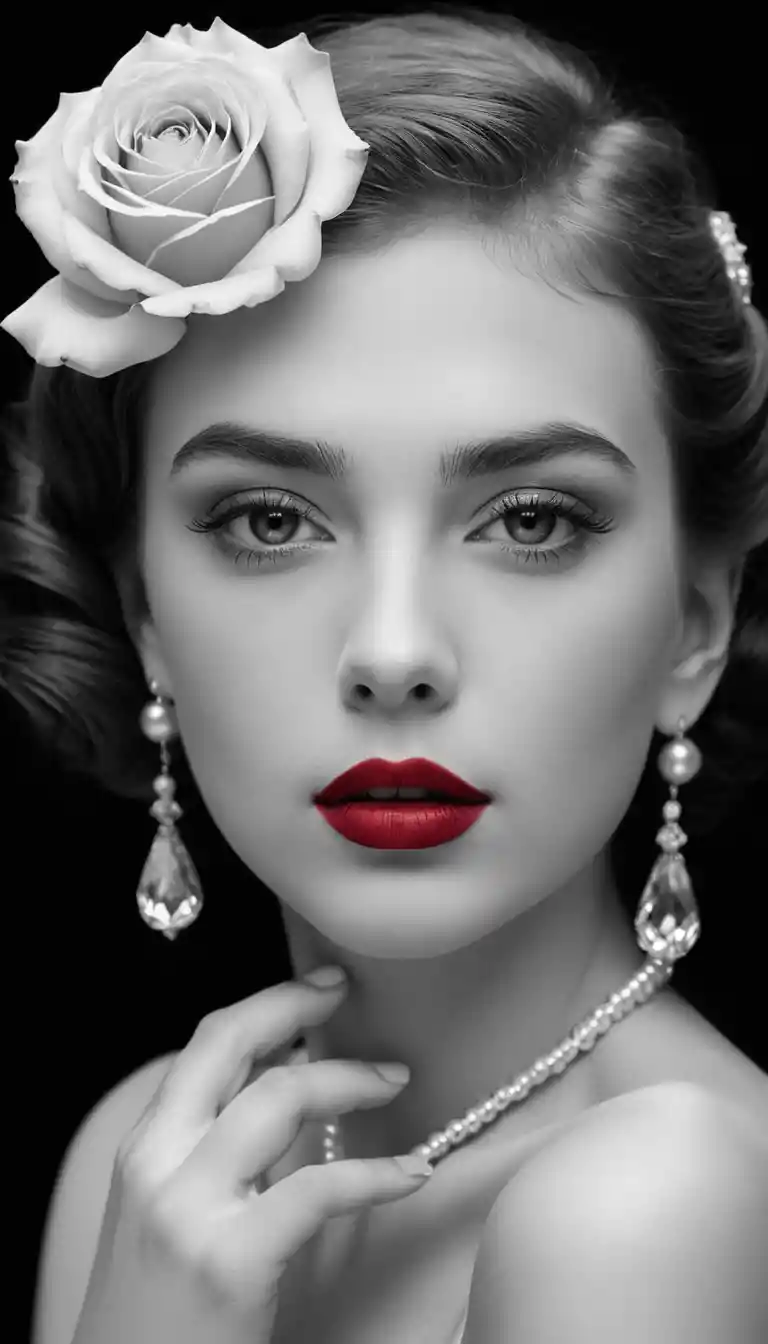 Portrait monochrome d’une femme avec rose rouge et lèvres rouges