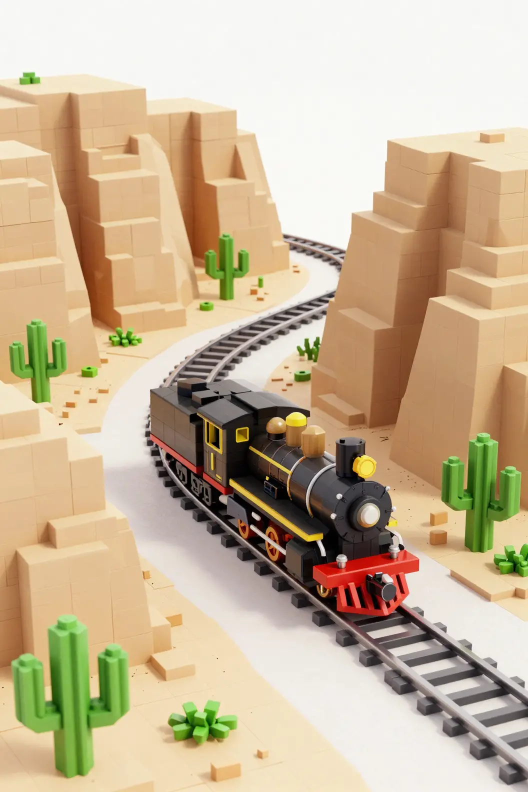 Trem a vapor em voxel serpenteando por um pequeno cânion no deserto