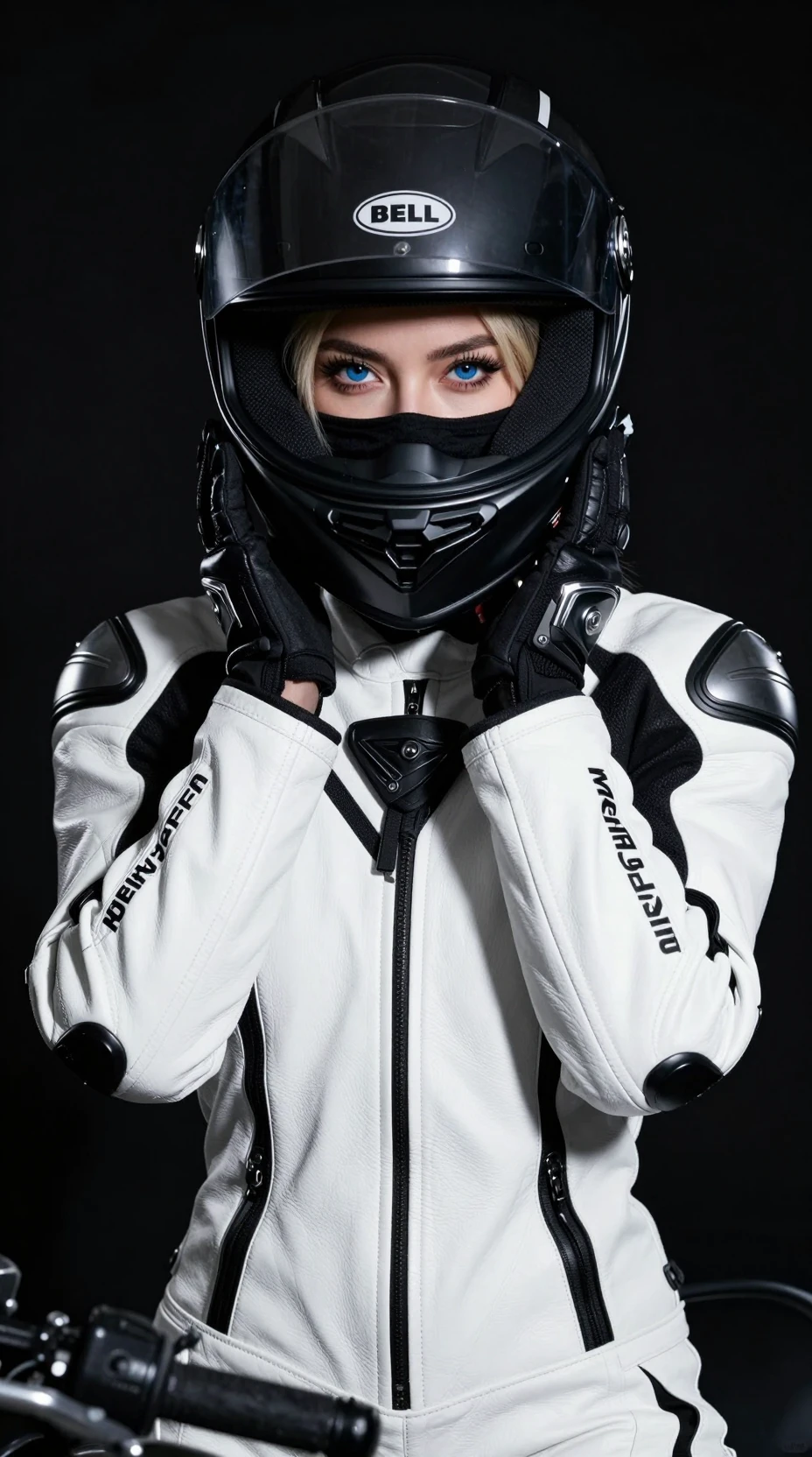 Retrato intenso de motociclista feminina com equipamento tático