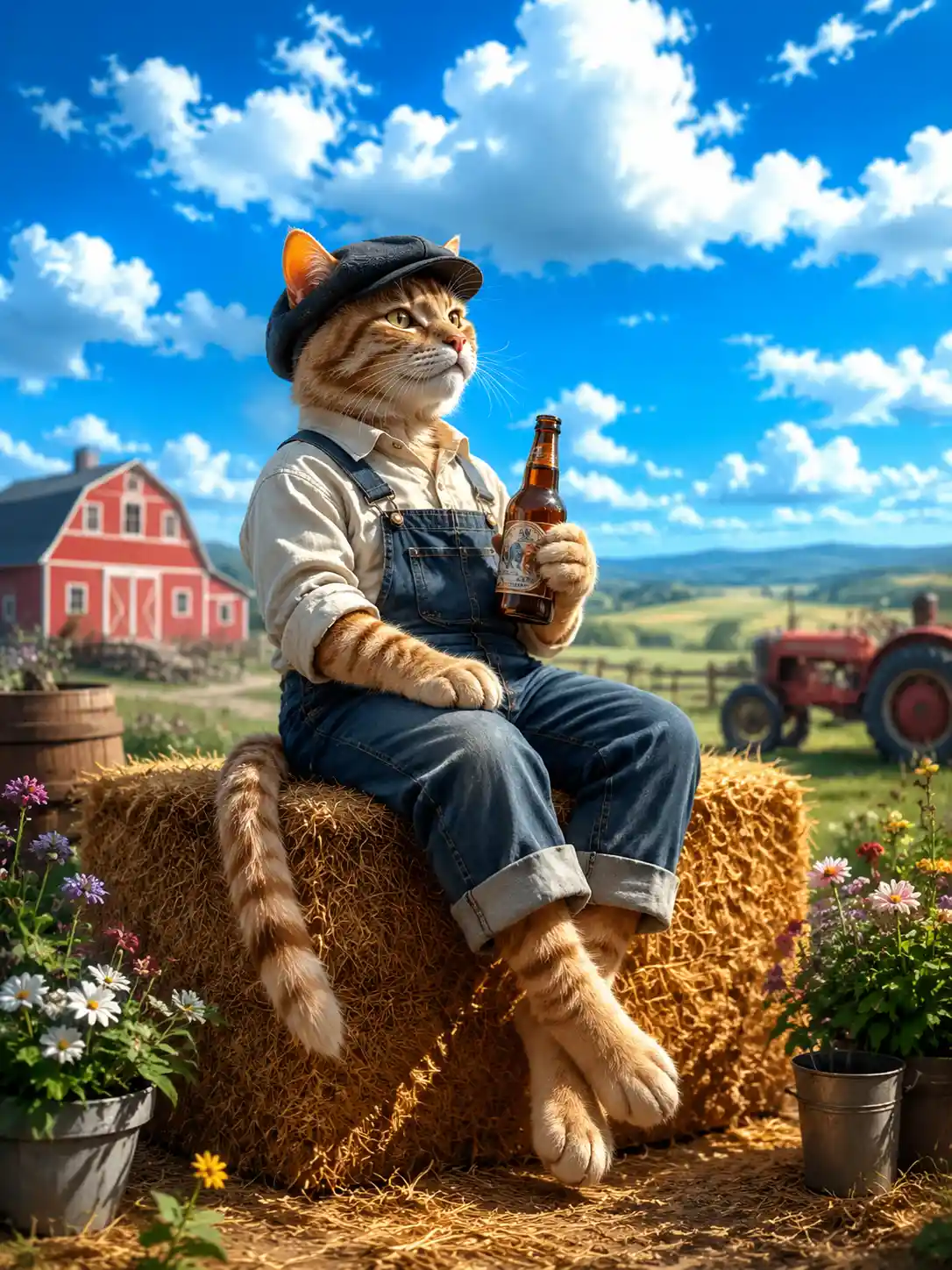 Anthropomorphic cat farmer relaxing on a hay bale at farm