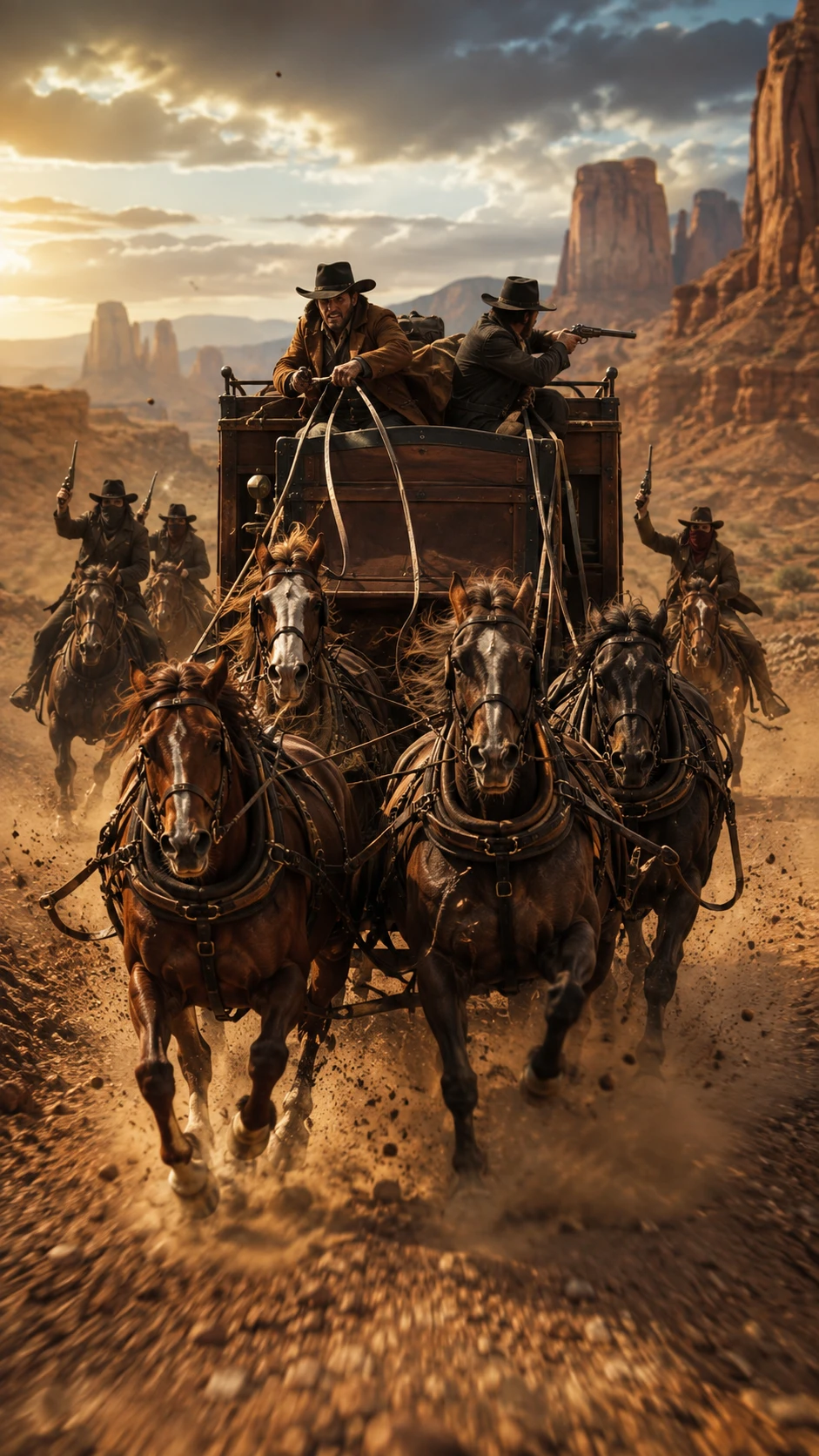 Stagecoach racing across the desert with cowboys under sunlight