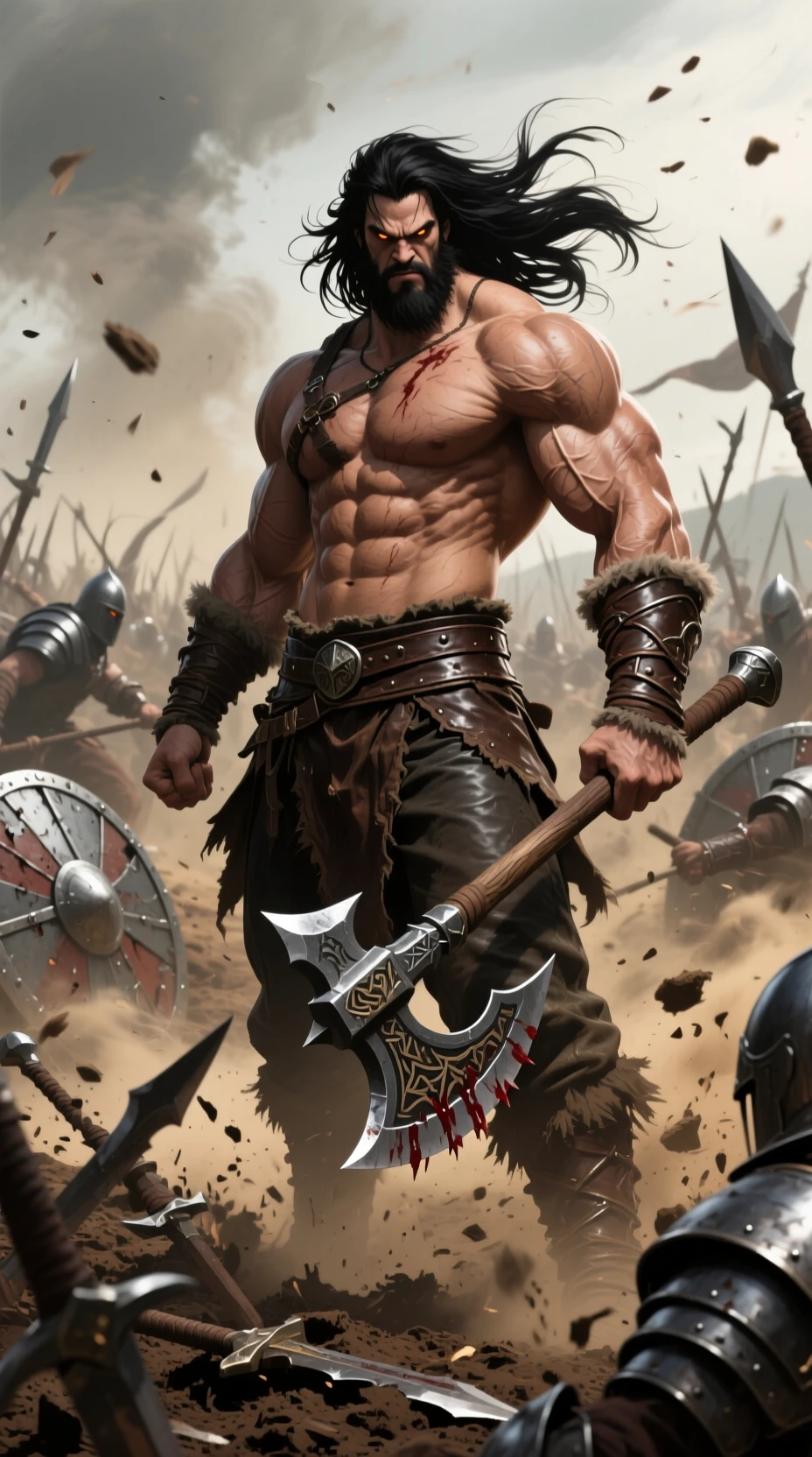 Guerreiro musculoso dominando um campo de batalha medieval caótico
